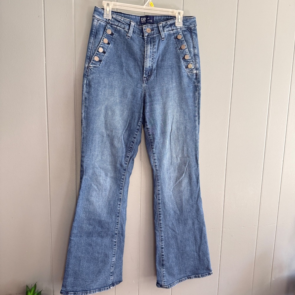 Gap Denim 70s Flare Sailor Button Jeans Size 12R High Rise Wide Leg Medium Wash